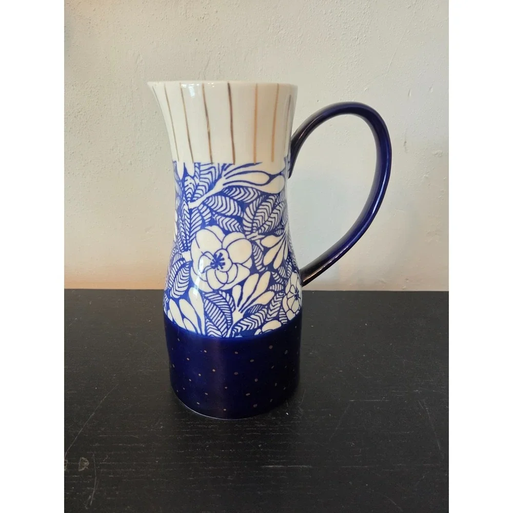 Anthropologie Garden Guest Pitcher Vase Blue Gold Floral Carla Dinnage 9.5''